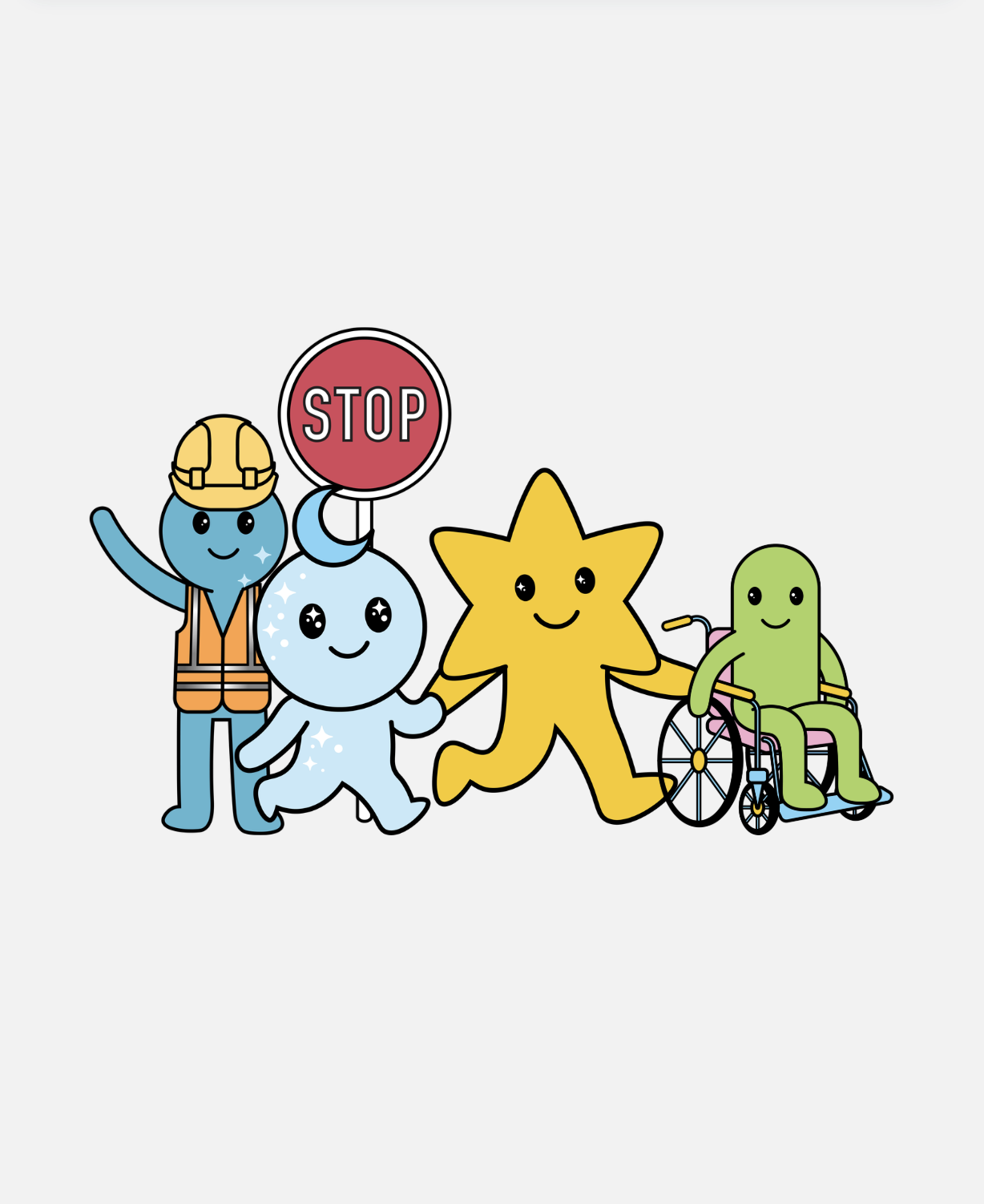 Colorful cartoon characters holding hands, including a construction worker, a snowman, a star, and a character in a wheelchair, standing together.
