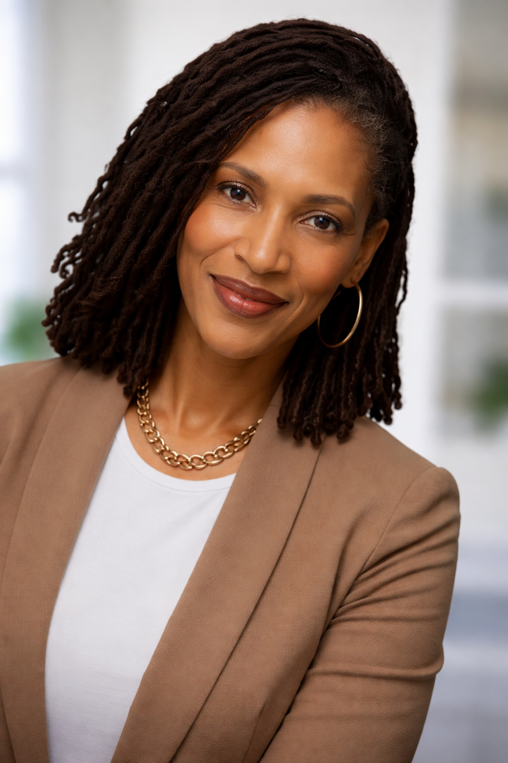 A professional woman with shoulder-length dreadlocks, wearing a tan blazer, white top, gold chain necklace, and hoop earrings, smiling in an office setting with blurred background.