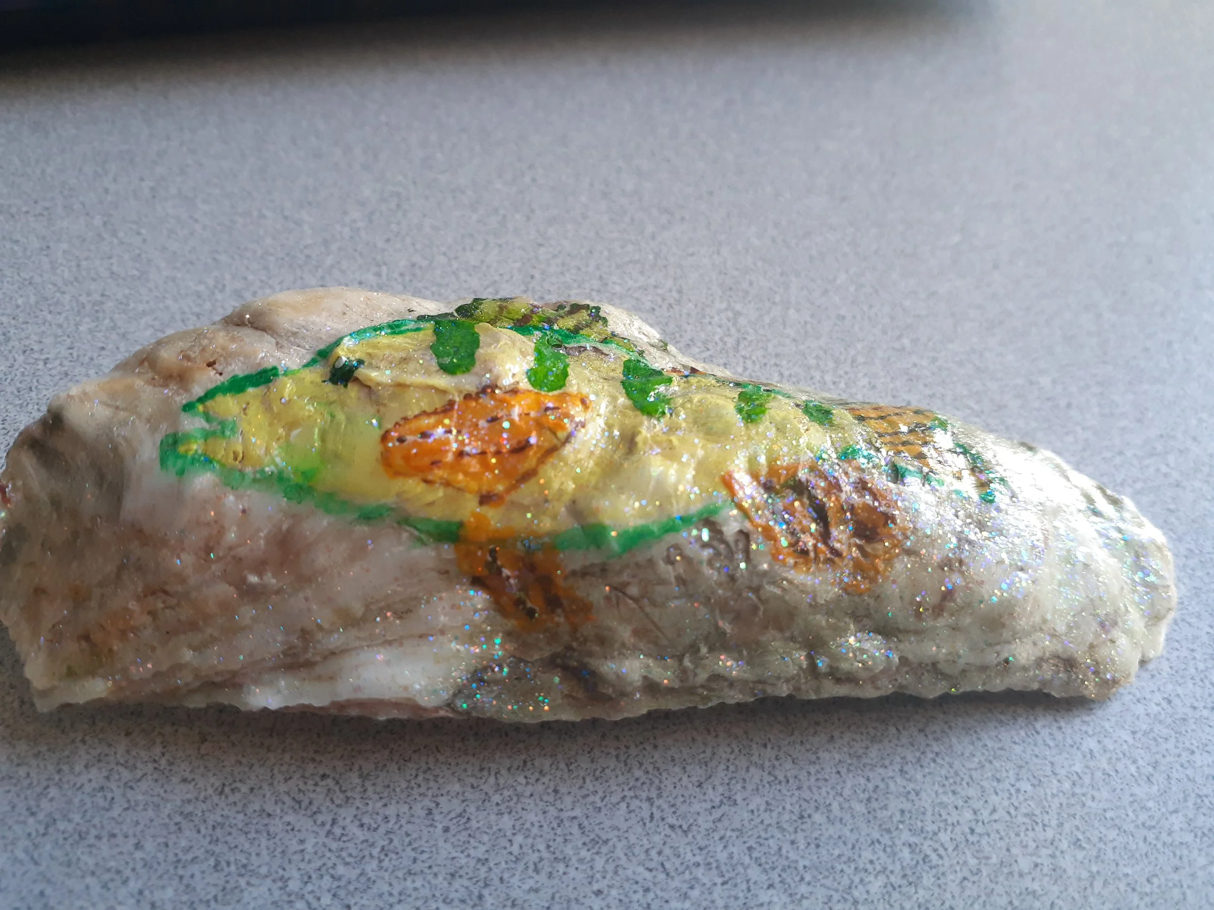 "Yellow Perch" (Acrylic on oyster shell) by WOA-J