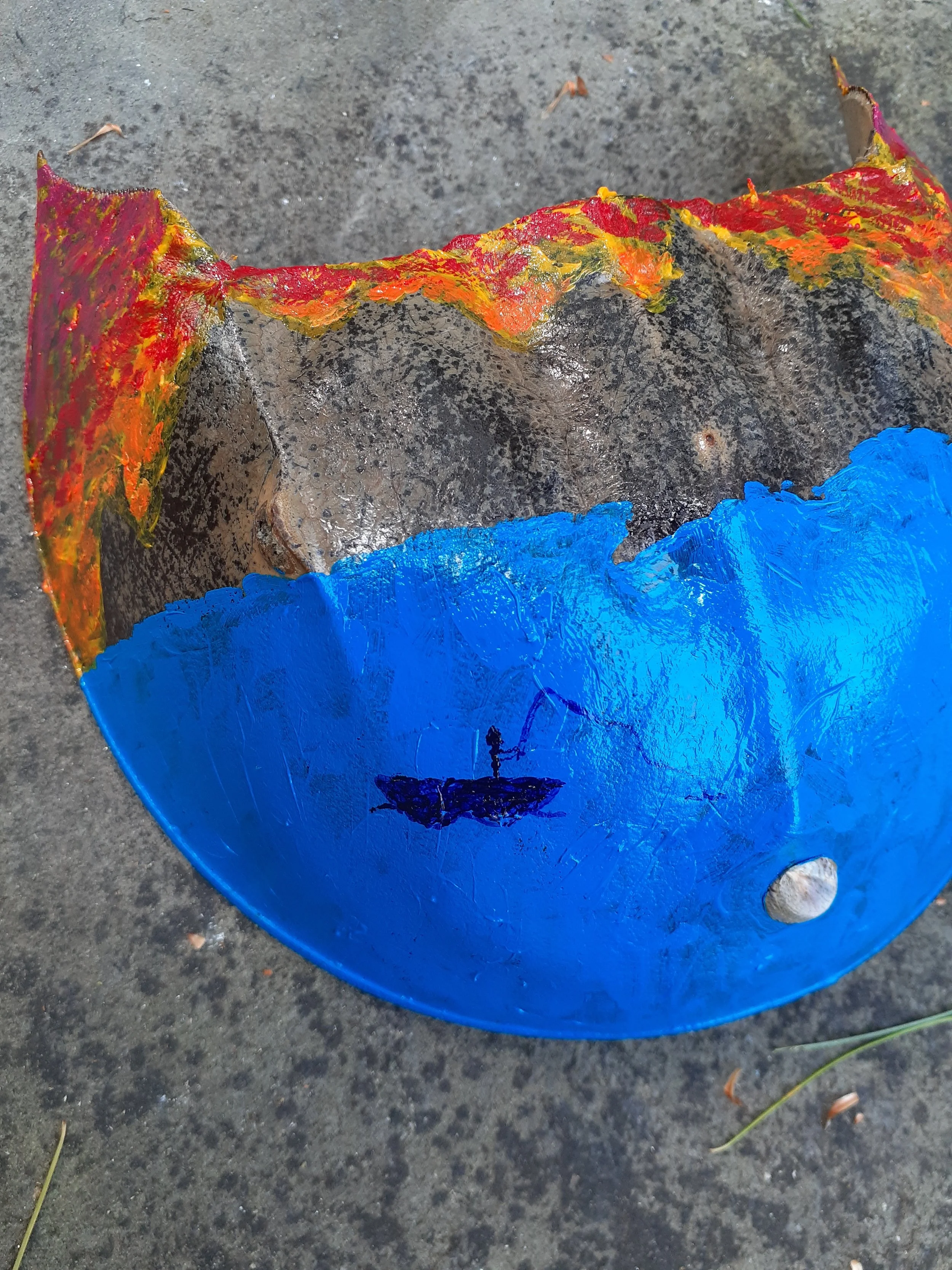 "Gon' Fishin'" (Acrylic on female horseshoe crab shell) by WOA-J