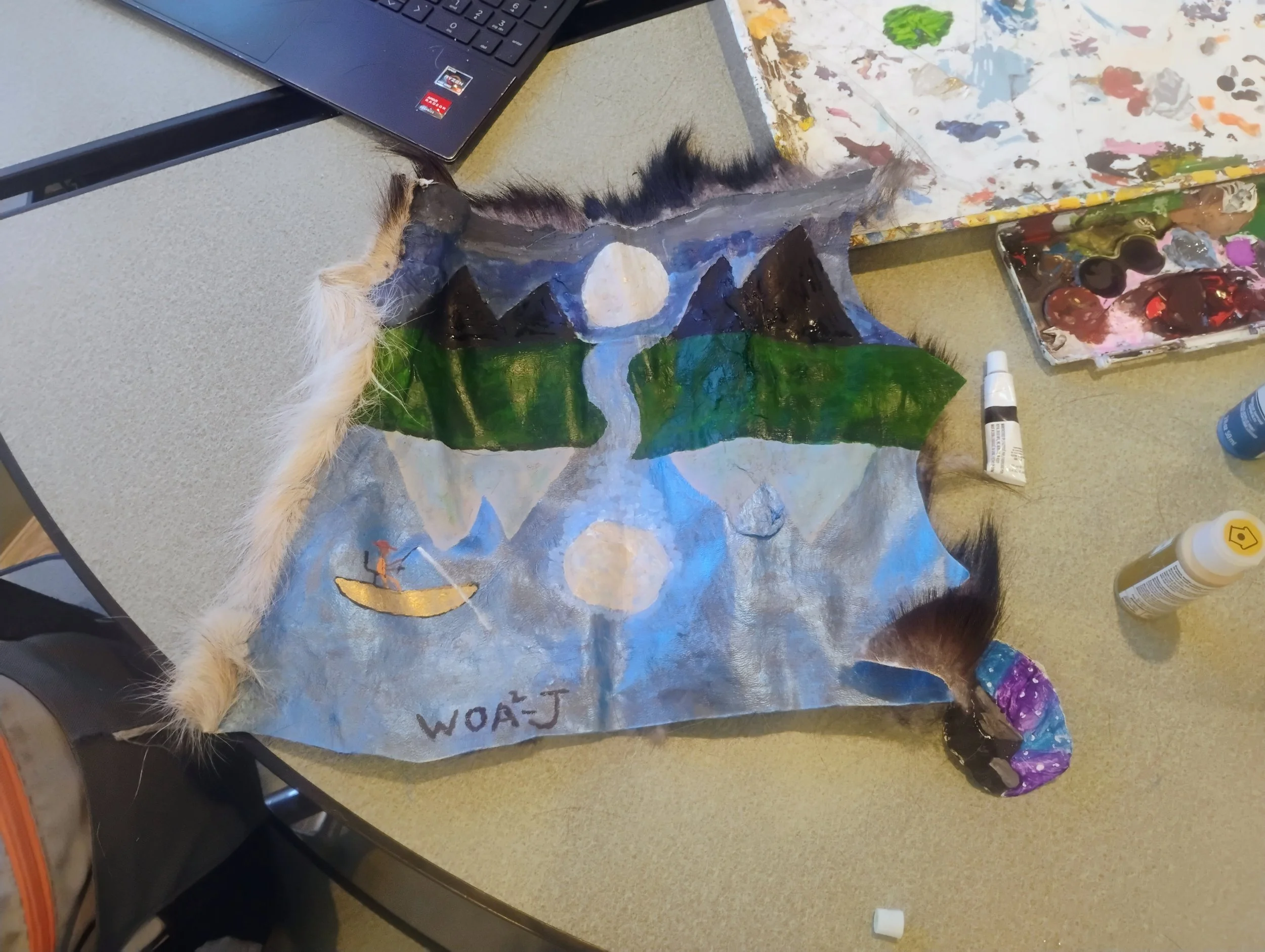 "Fishin' by Moonlight" (Acrylic on ashed goatskin) by WOA-J