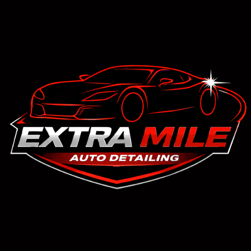 Logo for Extra Mile Auto Detailing featuring a red outline of a sports car with a starburst highlight, black background, and bold text 'EXTRA MILE' in gray and red and 'AUTO DETAILING' in white.