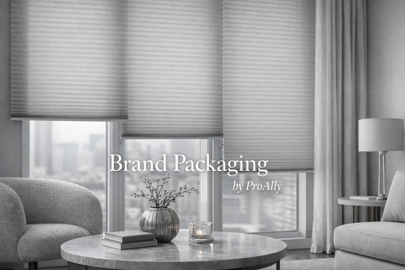 A cozy modern living room featuring large windows with partially closed blinds, a sofa, a round table with a vase of flowers, a candle, and a side table with a lamp. Gray tones dominate the decor.