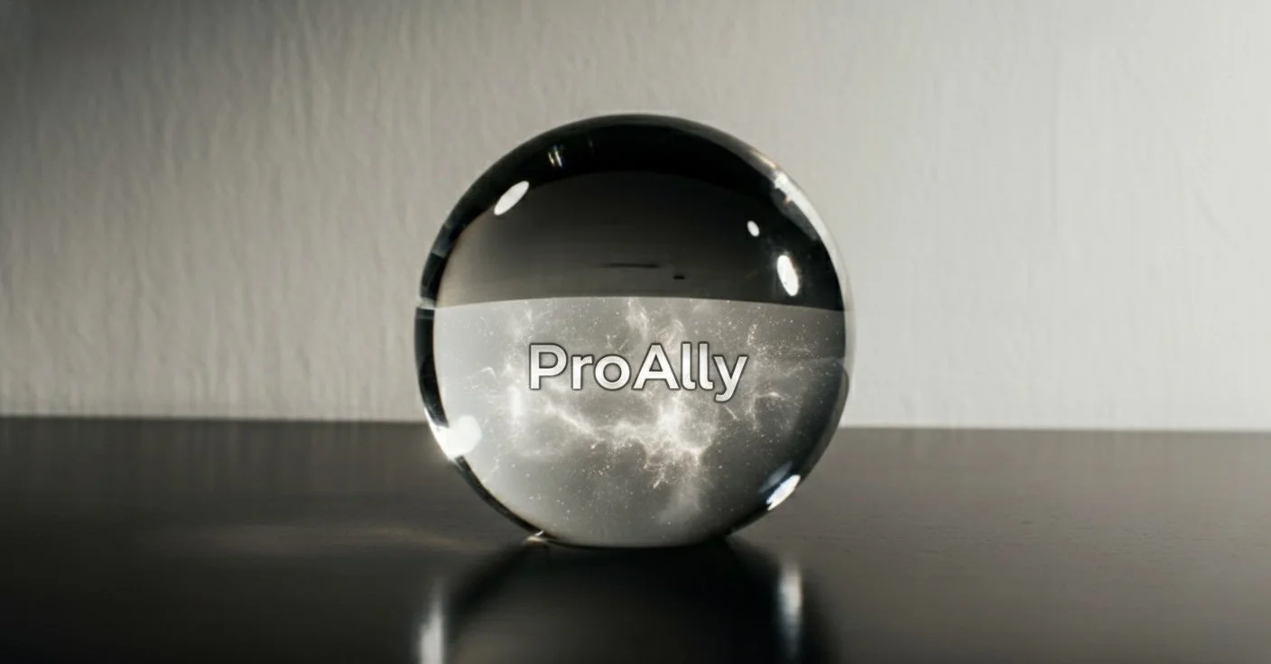A spherical glass paperweight with the word 'ProAlly' on it, reflecting a starry sky or galaxy pattern, placed on a dark surface against a plain wall background.