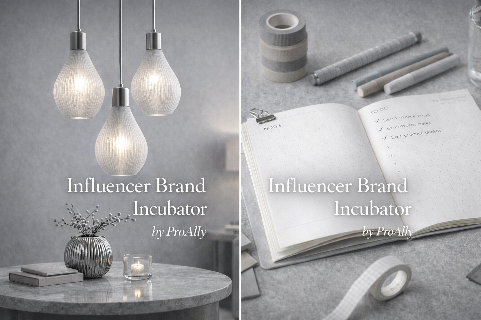 Left side of the image shows a modern living space with three hanging pendant lights above a round marble table with a decorative vase with branches, a candle, and books. Right side displays a workspace with open planner, several tape rolls, pens, a glass of water, and a roll of tape. Overlaid text: 'Influencer Brand Incubator by ProAlly' appears on both sides.