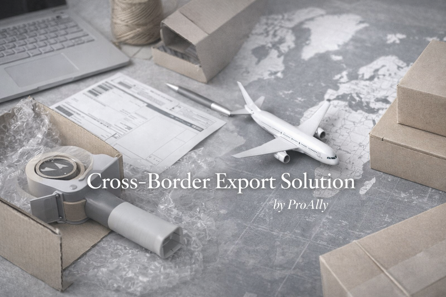 Model airplane, shipping labels, cardboard boxes, and packing materials on a table with a world map background, representing international shipping.