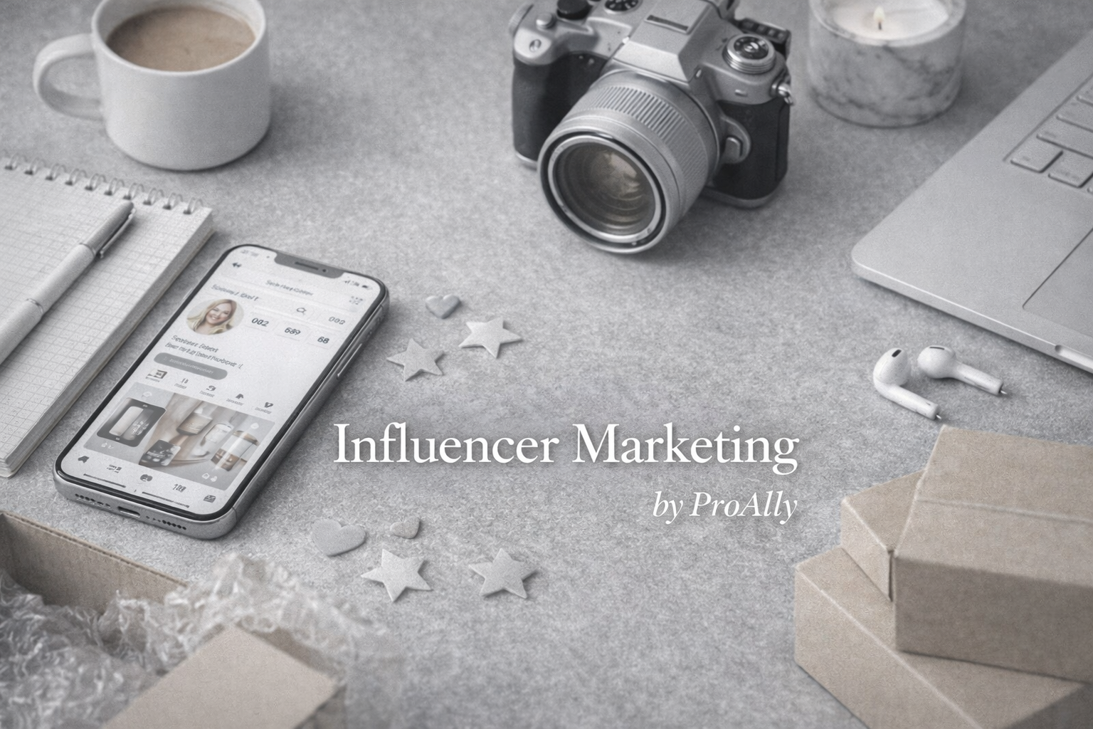 Flat lay of a workspace with a smartphone displaying social media, a camera, a laptop, wireless earbuds, notebooks, and decorative stars on a gray surface, with the text "Influencer Marketing by ProAlly" in the center.