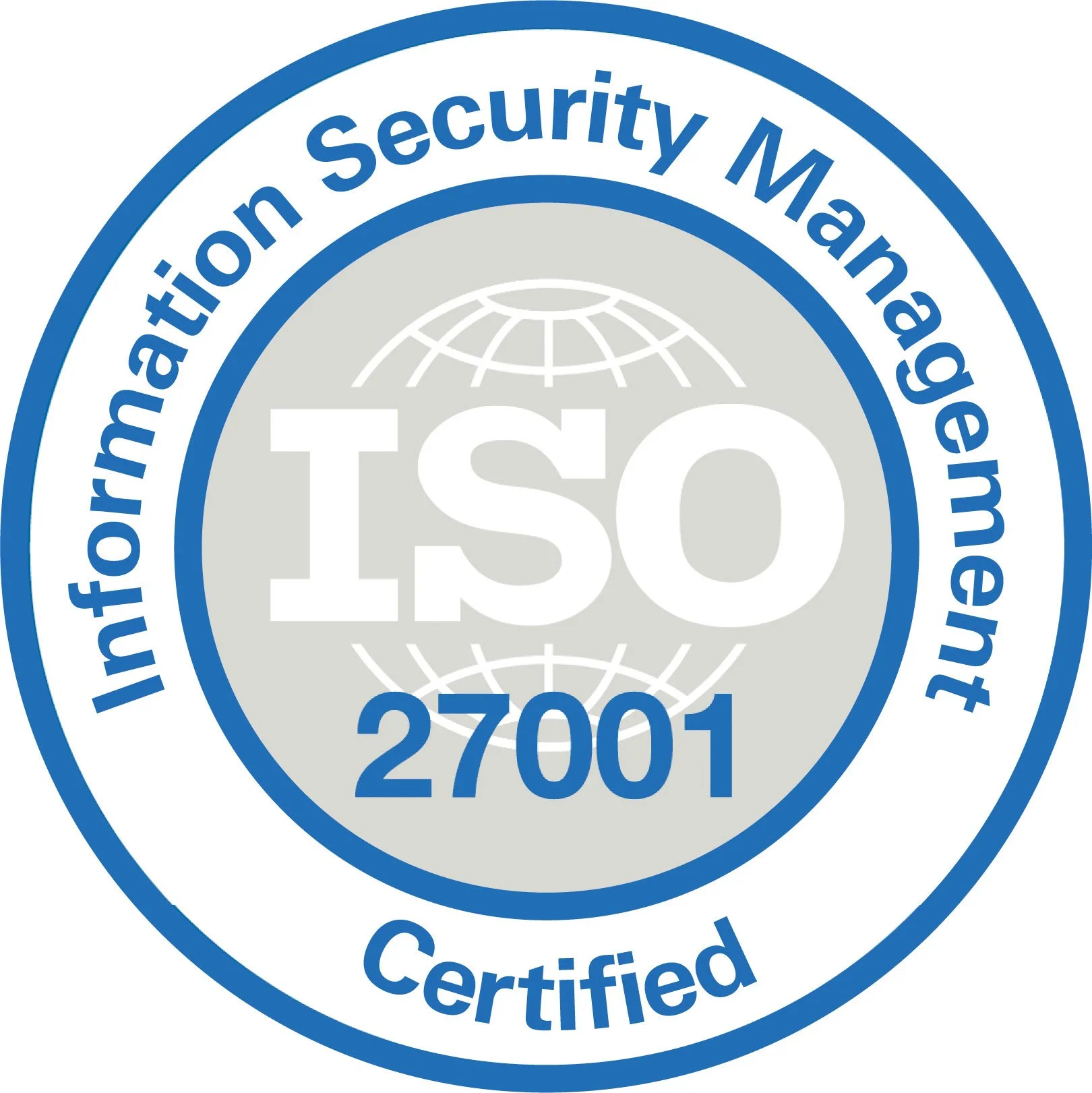 ISO 27001 certified logo for information security management, featuring a circular design with a globe image and blue text.