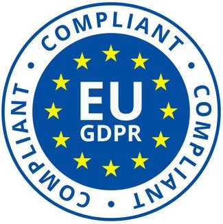 EU GDPR compliance badge with blue circle, yellow stars, and white text.