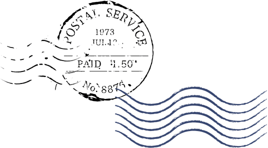 A blue postal stamp with wavy lines on the right side.