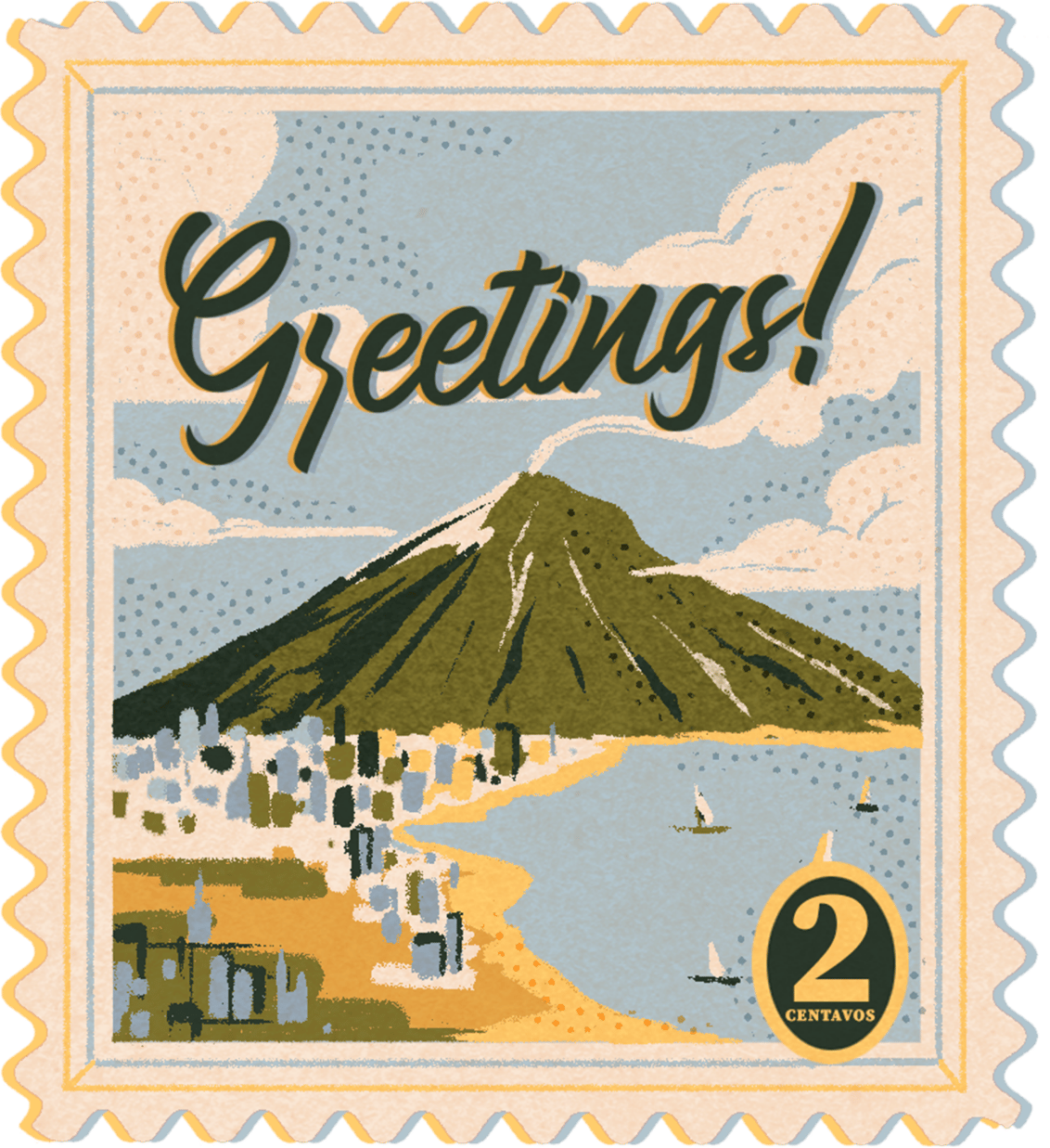 Vintage-style postage stamp featuring a mountainous landscape with a coastal city, sailboats in the water, clouds in the sky, and the word 'Greetings!' in bold cursive font at the top, with a denomination of 2 centavos in the bottom right corner.