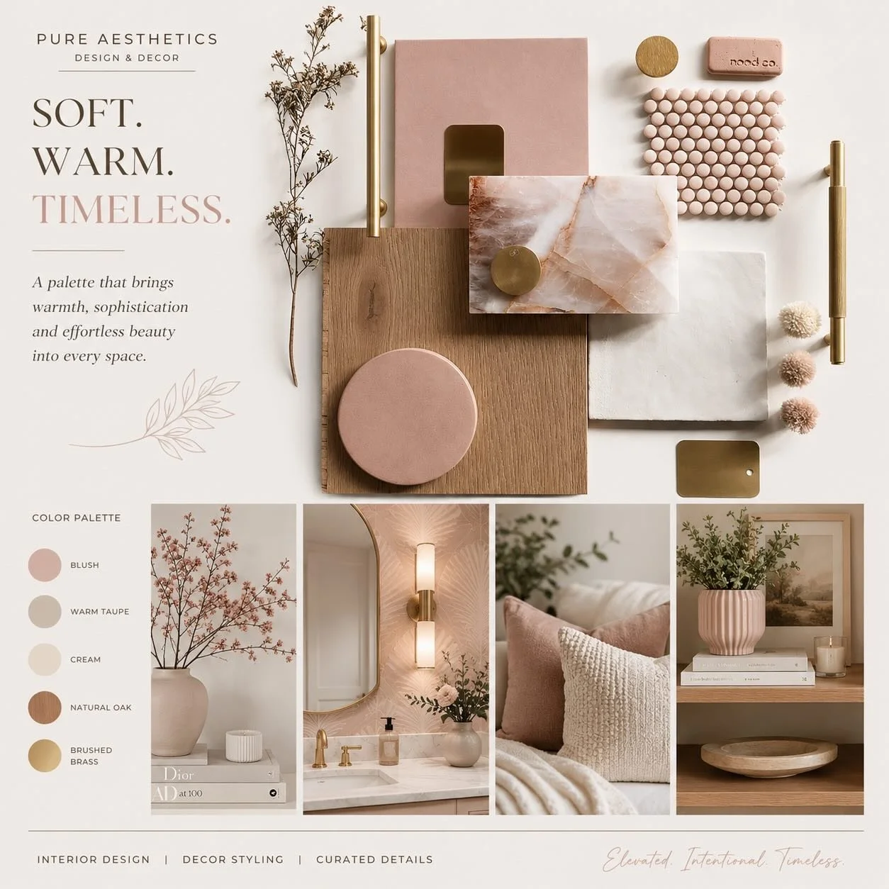 Soft blush tones, warm oak textures, creamy stone, and brushed brass details &mdash; a palette designed to feel elevated, feminine, and timeless. ✨

We believe beautiful spaces are created through intentional layering, soft contrast, and materials th