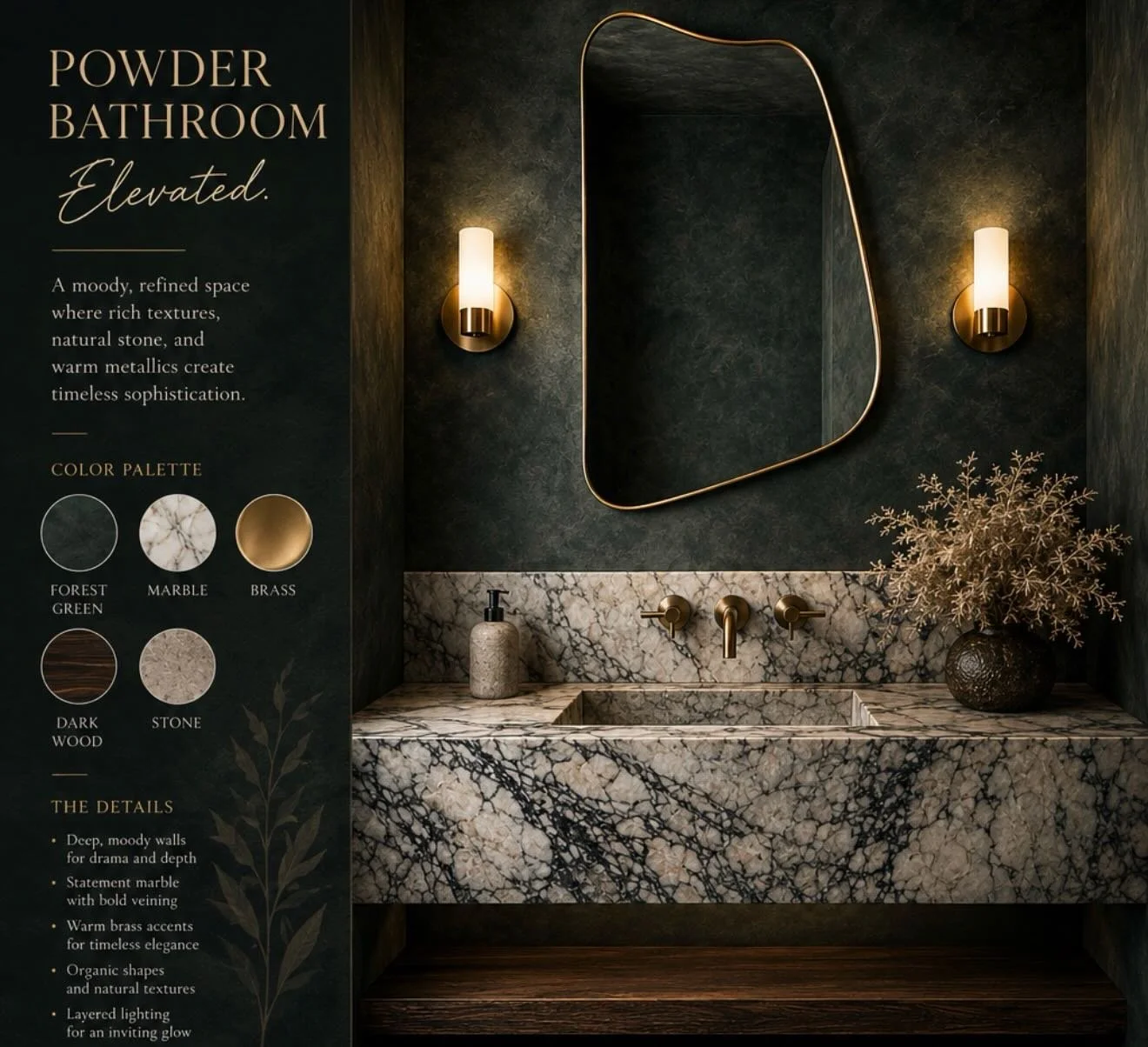 Powder Bathroom, Elevated. ✨

A moody blend of rich textures, dramatic marble veining, warm brass accents, and layered lighting &mdash; designed to feel timeless, refined, and effortlessly elevated.

This space was all about creating depth, contrast,