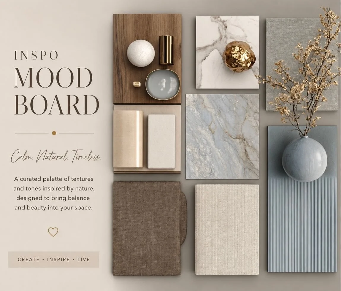 A refined blend of warm woods, soft textures, natural stone, and muted blue tones. This mood board was curated to create a space that feels calm, elevated, and timeless. ✨

We love layering organic materials with subtle luxury to bring warmth, balanc