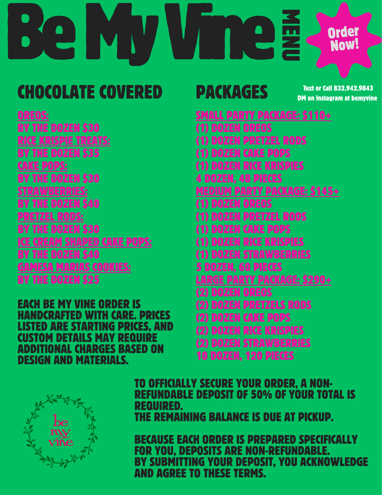 Menu for Be My Vine featuring chocolate-covered packages including Oreos, rice Krispie treats, cake pops, strawberries, pretzel rods, ice cream-shaped cake pops, and cookies, with prices and order options.