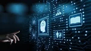 A person's hand pointing at an illuminated digital interface with icons representing education, growth, and technology on a dark background.