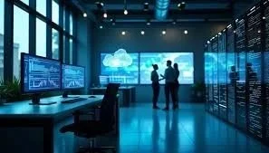 Two people standing and talking in a high-tech data center with servers and multiple large monitors displaying graphs and data.