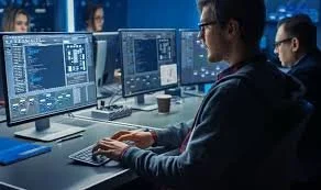 People working at computer desks in a dark office with multiple monitors displaying code.