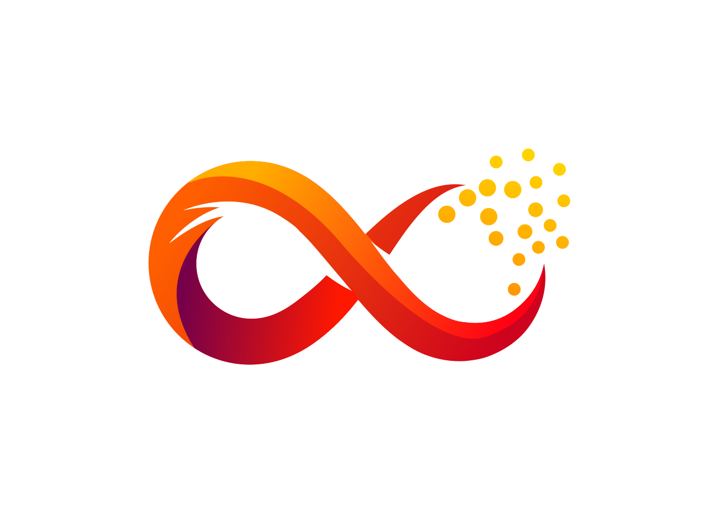 A graphic of an infinity symbol with a gradient of red, orange, and yellow, with yellow dots dispersing from one side.