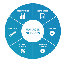 Circular infographic illustrating managed services, including monitoring, reporting, improving, proactive support, remote support, and maintenance.