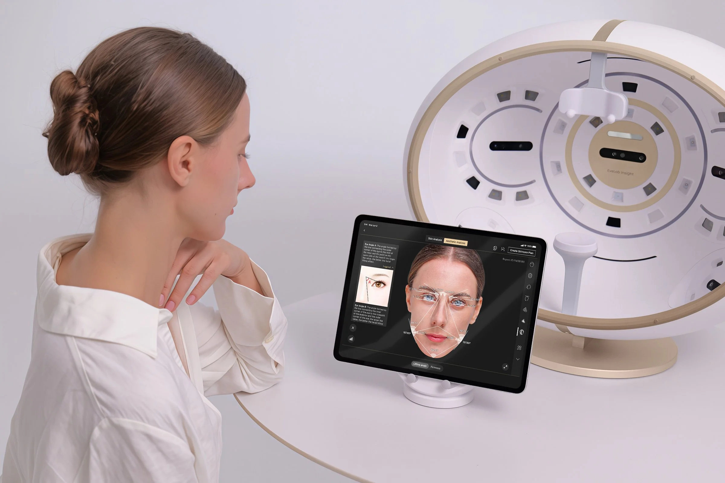 A woman is sitting at a table in a medical or cosmetic setting, examining her face analysis on a digital screen, with a large skin and facial analysis device, EveLab Muse, in the background.