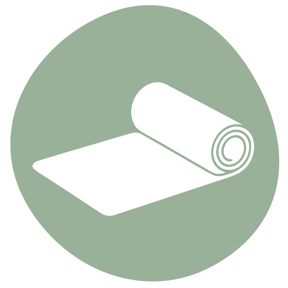 Icon of a rolled-up and unrolled white Pilates mat on a green circular background.