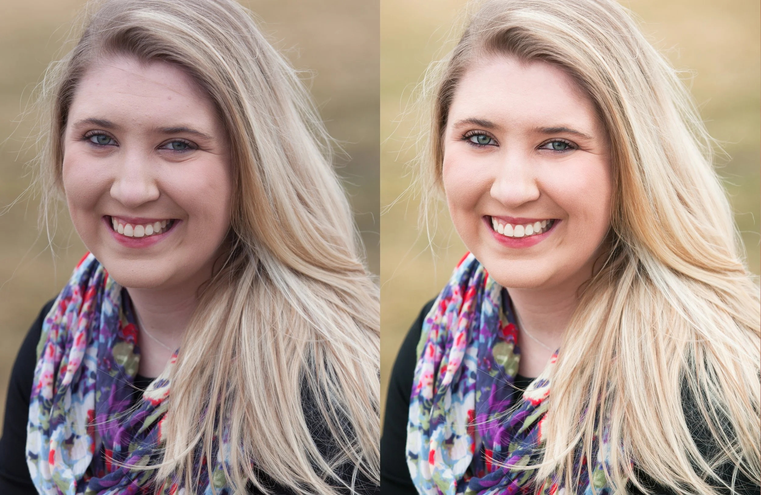 Side-by-side comparison of two close-up portraits of a young blonde woman with blue eyes, smiling outdoors, wearing a colorful scarf and dark jacket.