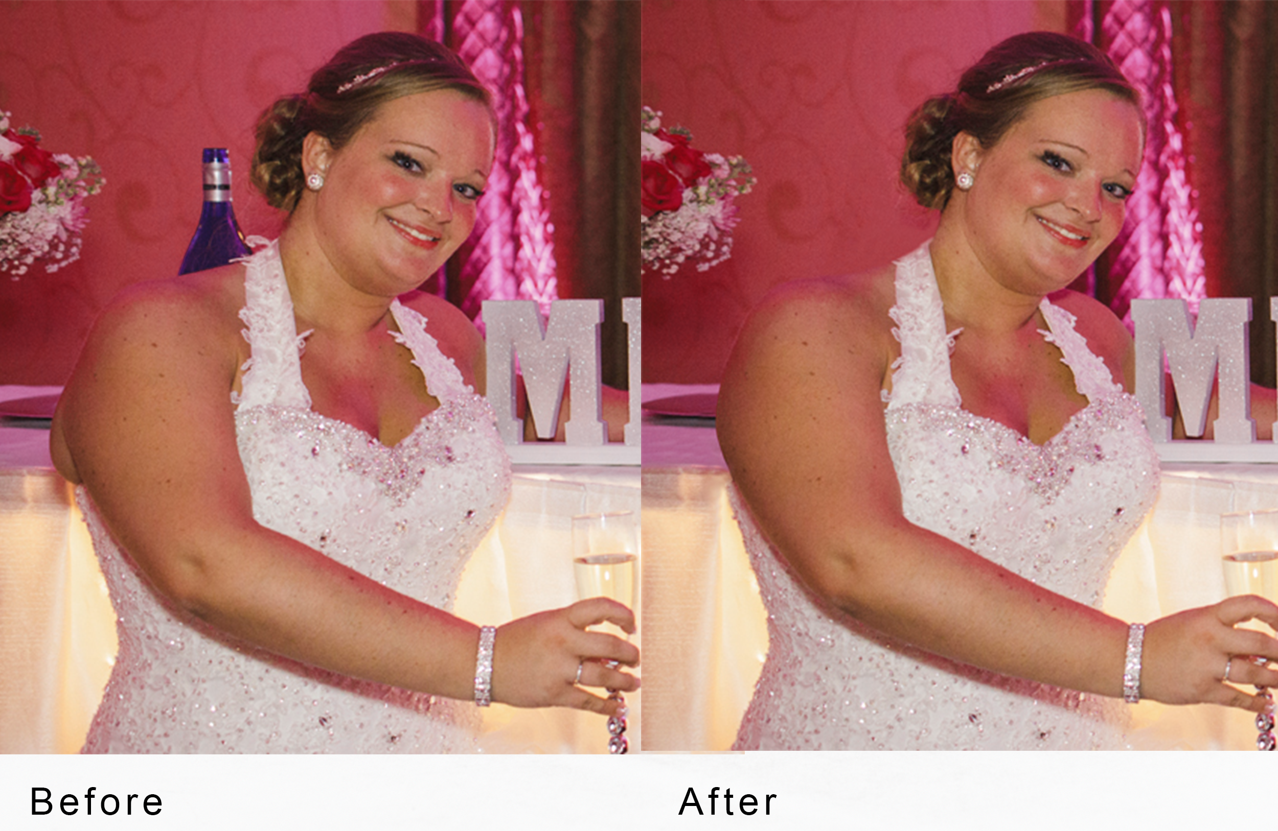 A side-by-side comparison photo showing a woman in a white, sparkly dress smiling and holding a champagne glass at a celebration or wedding event. The left side is labeled 'Before' and the right side 'After'.
