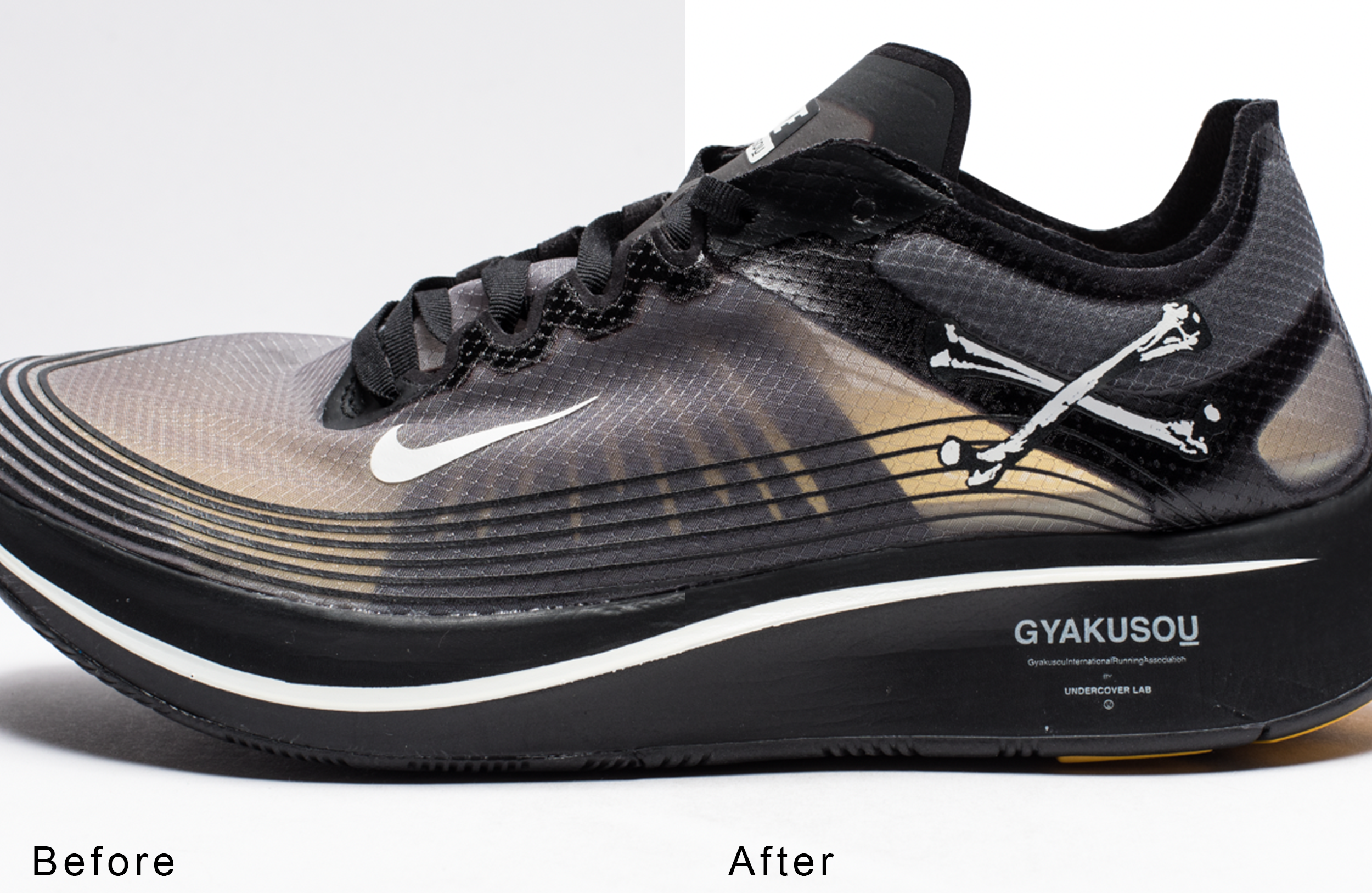 A running shoe with a black, gray, and metallic design, featuring a white Nike swoosh logo on the side. The shoe is shown in a before and after comparison, highlighting restoration.