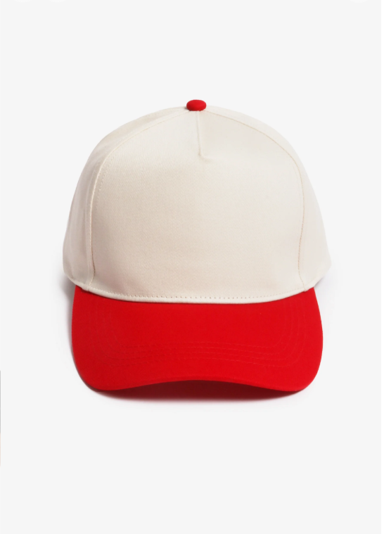 Two-tone baseball cap with a white crown and red brim, positioned against a white background.