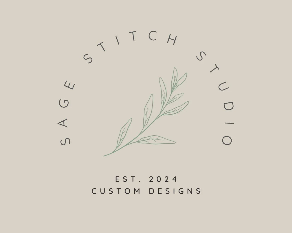 A minimalist logo for Sage Stitch Studio with a light beige background. It features a delicate, thin-line drawing of a sprig of sage leaves at the center, with the business name encircling it in a curved manner. The text reads "Sage Stitch Studio" around the top, and "Est. 2024 Custom Designs" at the bottom.