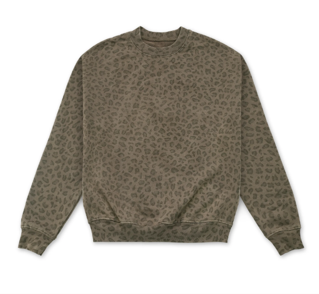 Olive green sweatshirt with a darker leopard print pattern and ribbed cuffs and hem.