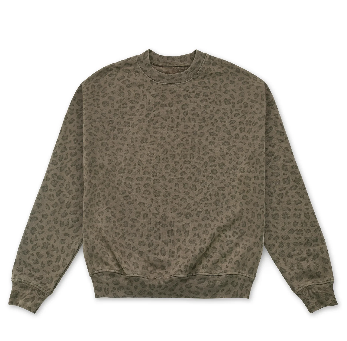 Olive green leopard print crewneck sweatshirt with long sleeves and ribbed cuffs and hem, laid flat on white background.