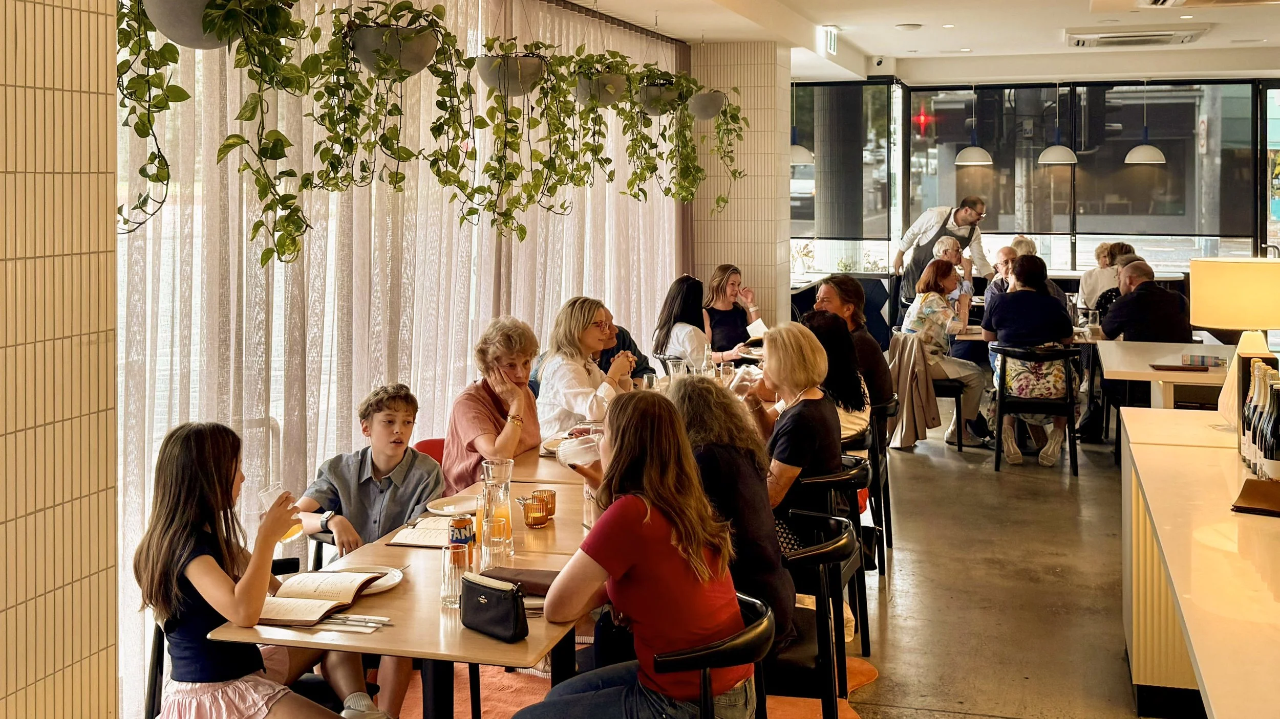 People dining in a bright restaurant with large windows, hanging plants, and modern decor.