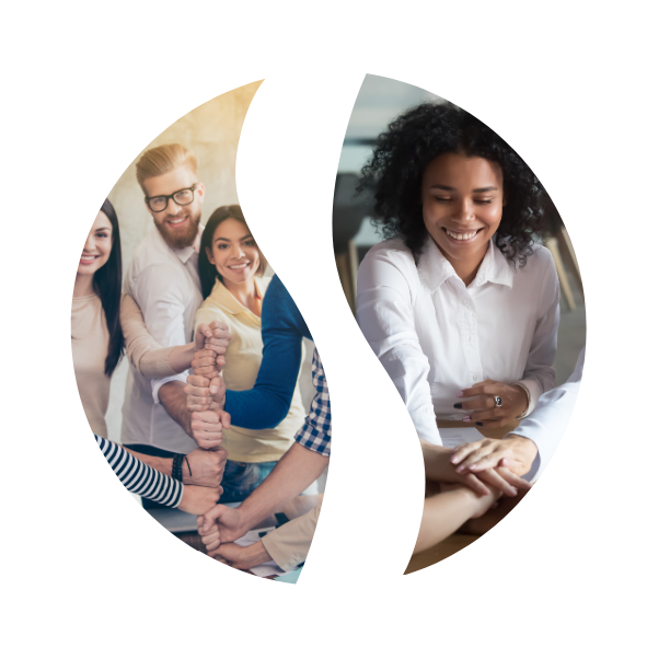 A split image showing a group of diverse people smiling and holding hands on the left, and a woman in a white shirt smiling while signing a document on the right.