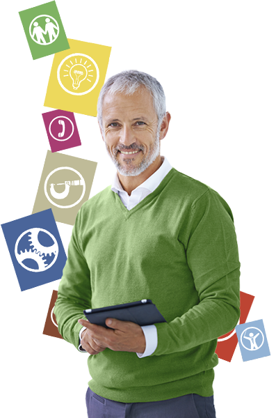 Man holding tablet with signs around him