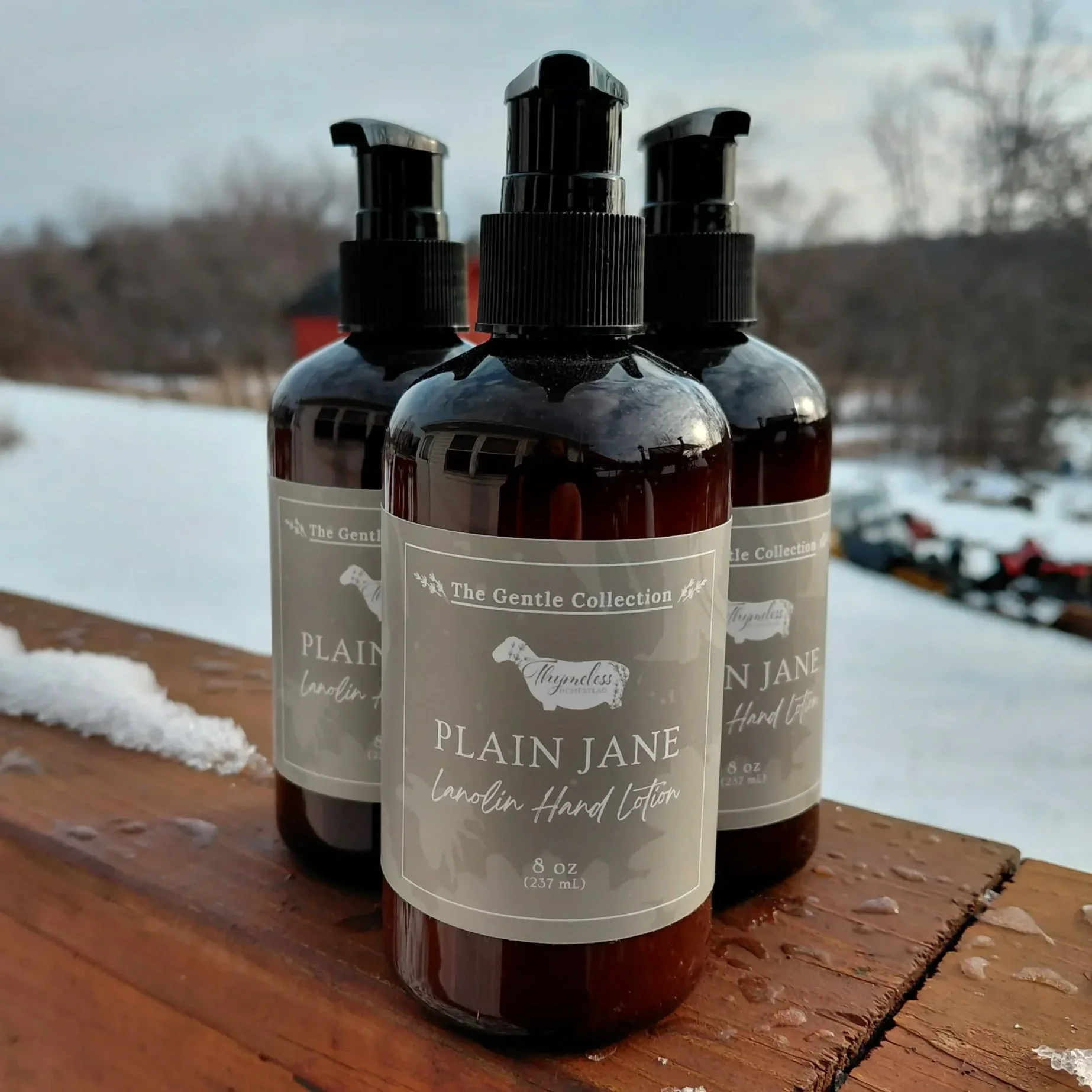 Three Plain Jane Lanolin Hand Lotions  one in front of the other two, sitting on a wooden surface with snow and trees blurred in the background