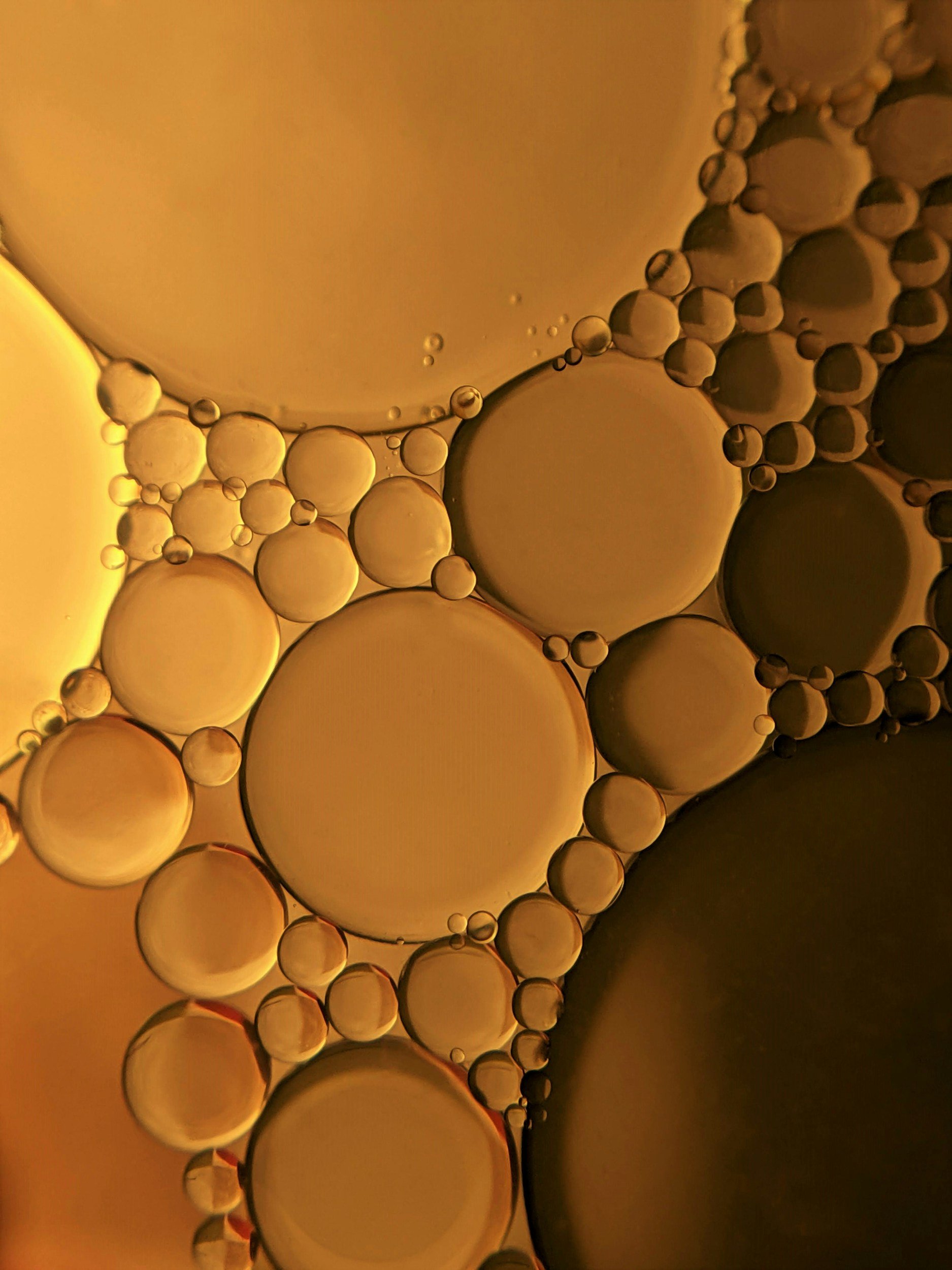 Close up macro image of clear, lightly tinted blue liquid globes all clustered together
