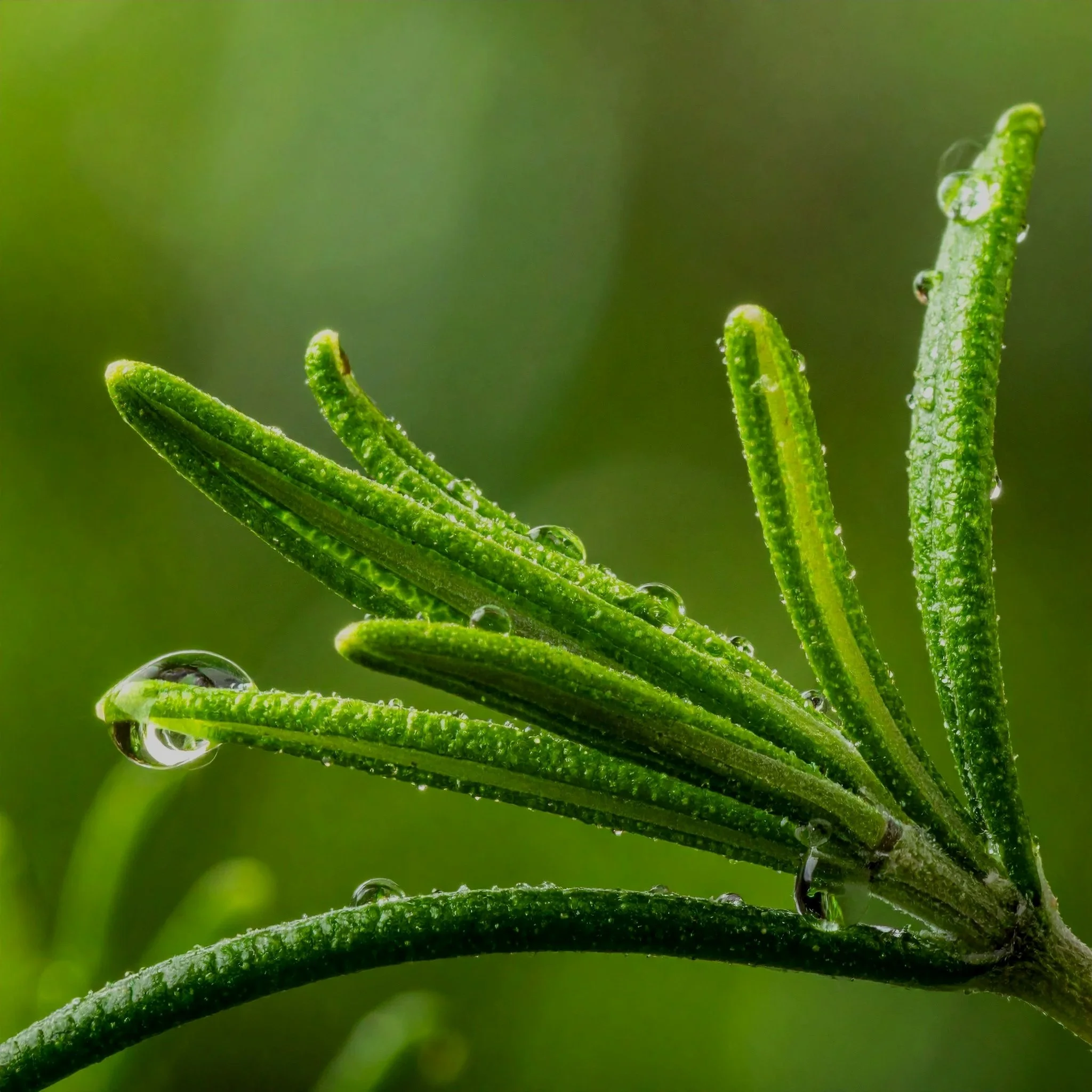 Extreme close up of Rosemary leaves with water droplets sitting on leaves