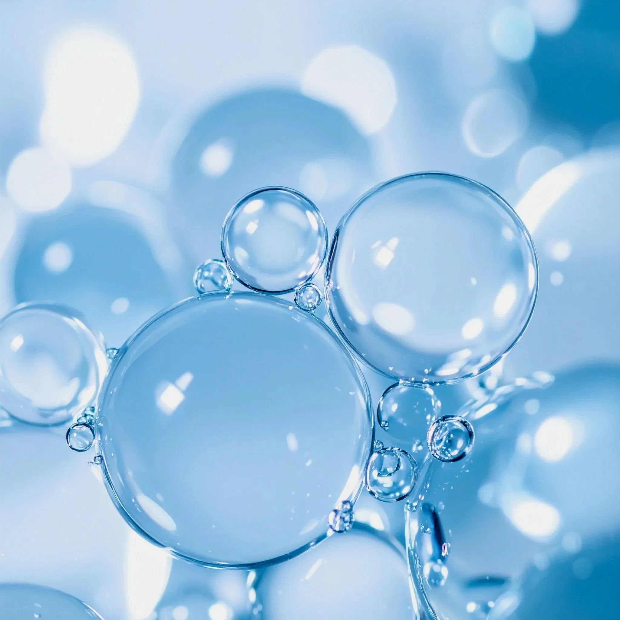 Close up macro image of clear, lightly tinted blue liquid globes all clustered together