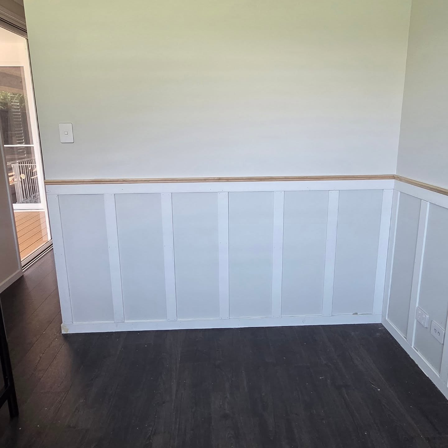 Custom wainscoting installed for a new baby nursery 🤍

The clients had a very specific design vision, and Tamika brought it to life.

The top half will be finished with wallpaper, while the wainscoting below will be painted in an olive green by the 