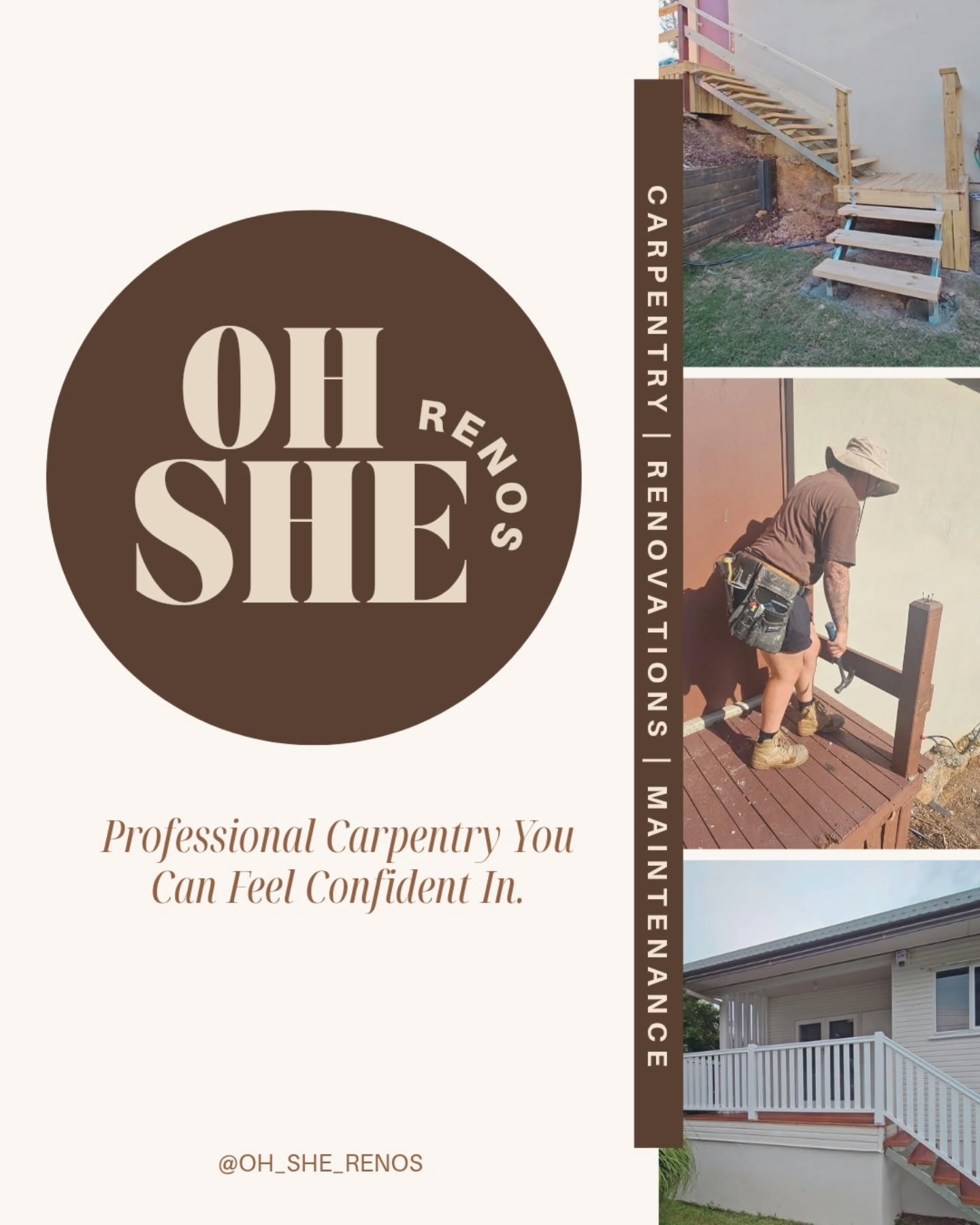 We&rsquo;re Oh She Renos, a local carpentry business servicing Moreton Bay &amp; North Brisbane, and we help homeowners tick off all those &ldquo;small reno and maintenance jobs&rdquo; that never quite get done.

From day-to-day home maintenance thro