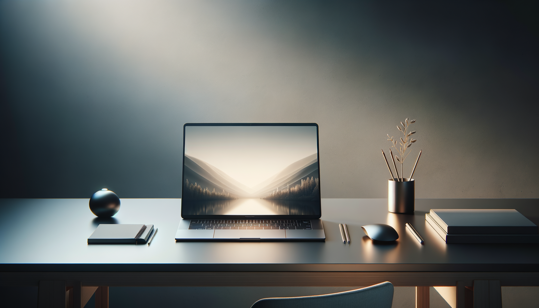 A minimalist workspace with a laptop showing a mountain landscape, a white mouse, a notepad with a pen, a pen, a small vase with dried plants, and a stack of books on a long desk, illuminated by soft natural light.
