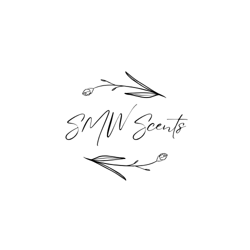 Minimalist logo for SMW Scents with black handwritten text and small flower illustrations