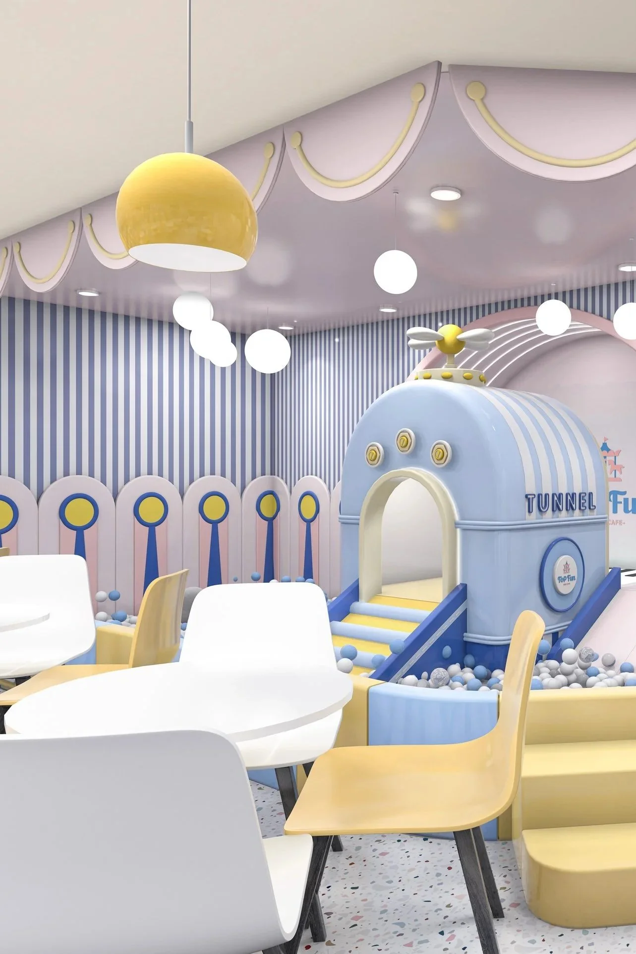 Colorful children's play area with a blue tunnel, ball pit, and pastel-colored furniture.