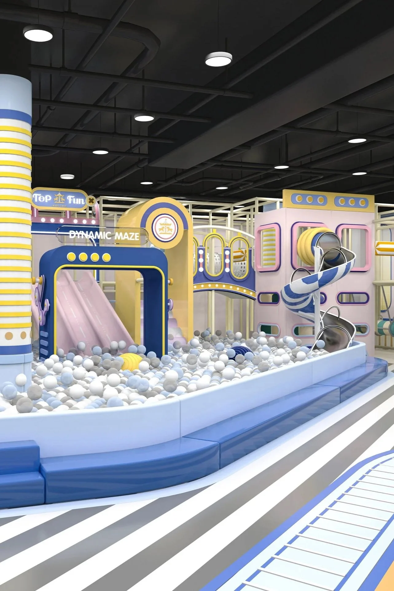 Colorful indoor children's play area with ball pit, slides, and tunnels in pastel yellow, pink, purple, and blue colors.