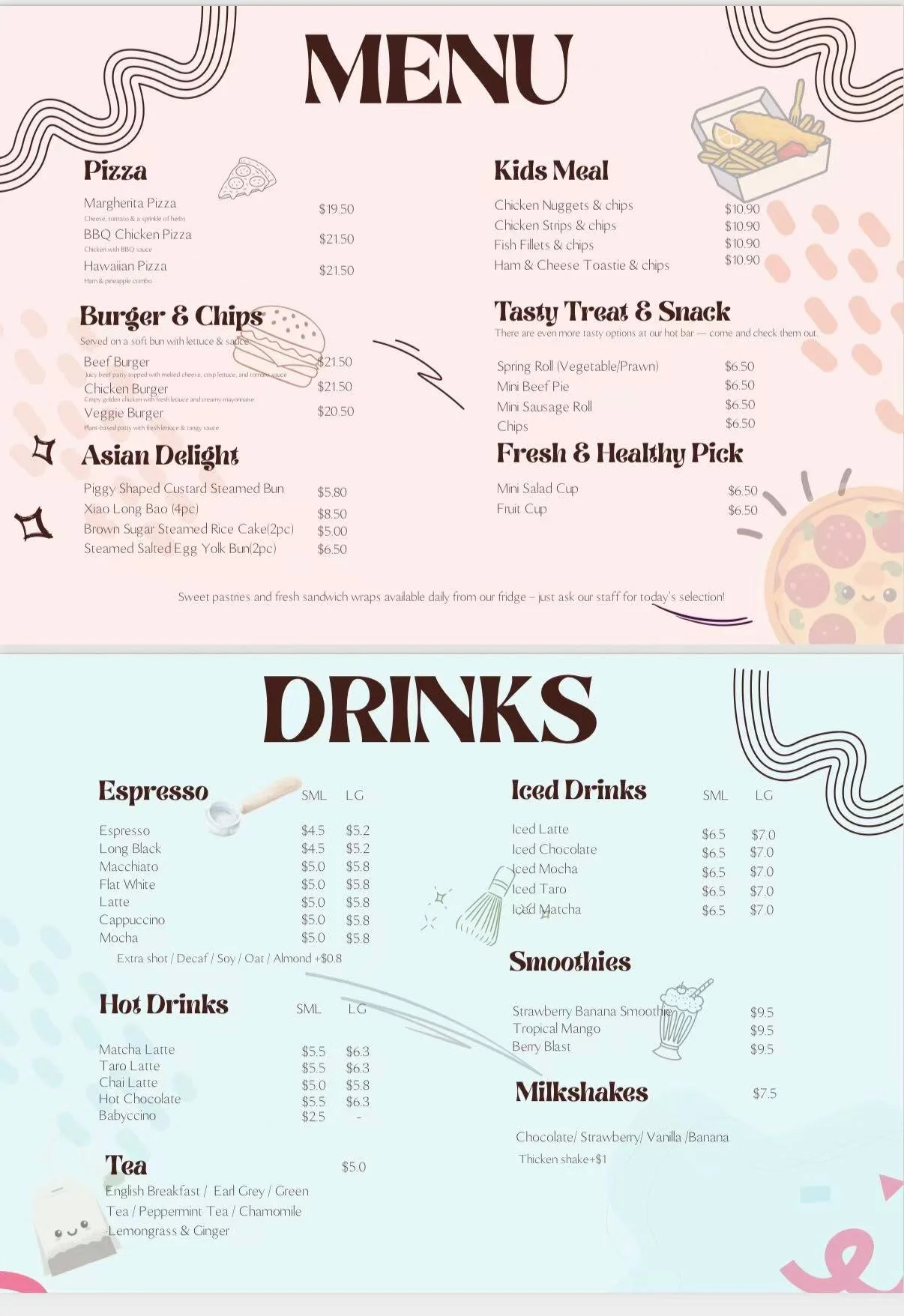 Restaurant menu with sections for Pizza, Burger & Chips, Asian Delight, Kids Meal, Tasty Treat & Snack, Fresh & Healthy Pick, and Drinks, including espresso, hot drinks, iced drinks, smoothies, and milkshakes, with illustrations of pizza, fries, a drink, and decorative abstract designs.