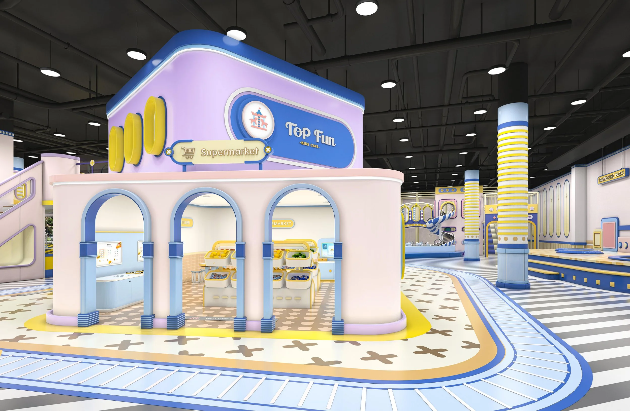 Colorful indoor amusement park with a children's arcade and play area, featuring pastel blue, yellow, and pink accents, a sign that reads 'Top Fun,' and various play structures and games.