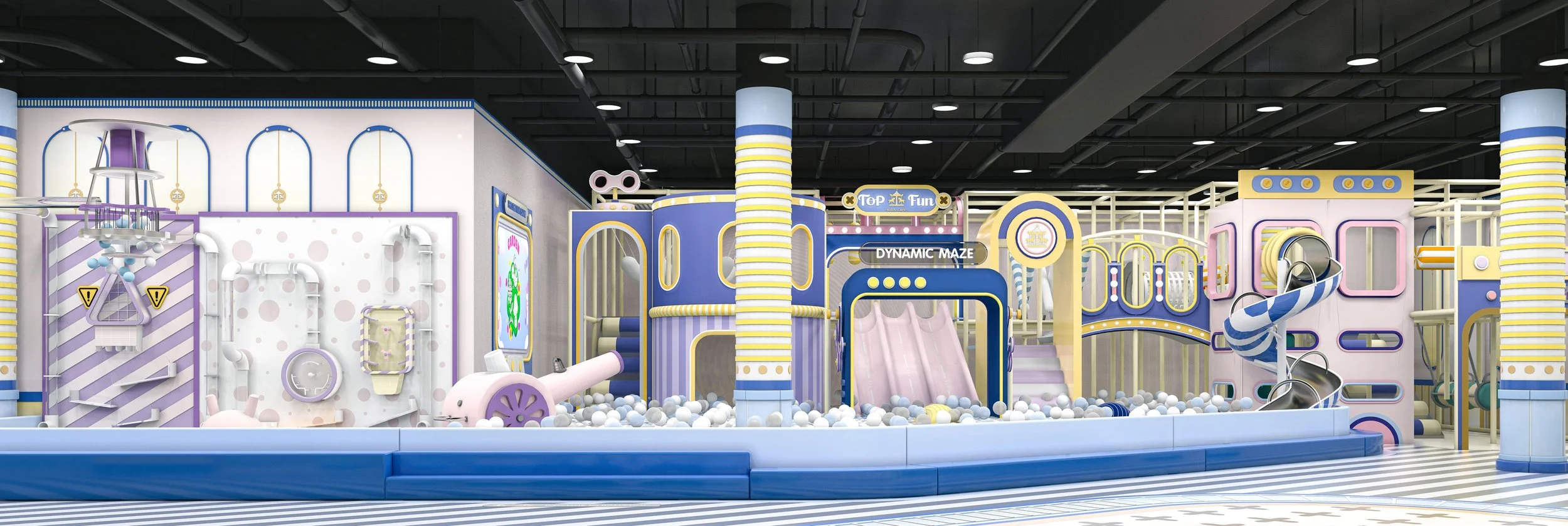 Colorful indoor children's playground with slides, tunnels, and ball pit in pastel pink, blue, yellow, and purple.