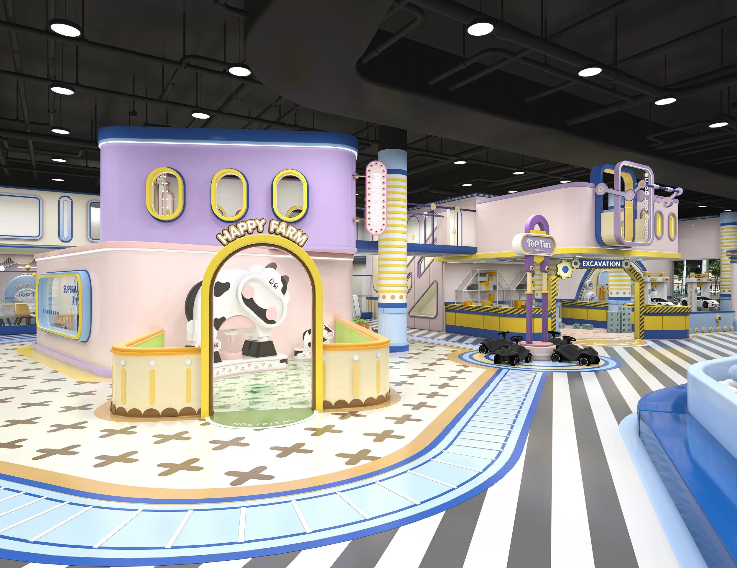 Colorful indoor children’s play area with cartoon farm theme, featuring a cow statue, race cars, and various play structures with pastel colors of purple, yellow, blue, and white.